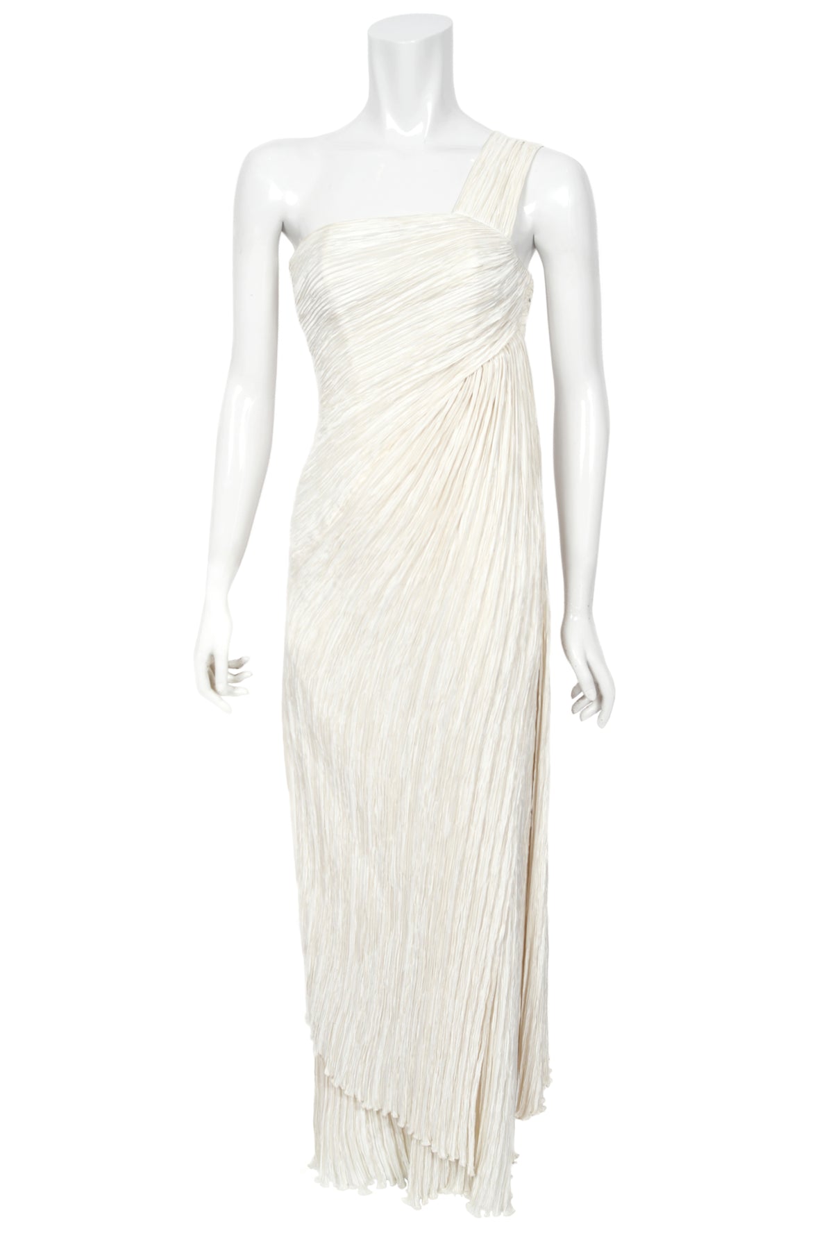 1983 Mary McFadden Ivory Heavily Pleated Asymmetric One-Shoulder Draped Goddess Gown
