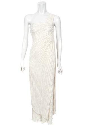 1983 Mary McFadden Ivory Heavily Pleated Asymmetric One-Shoulder Draped Goddess Gown