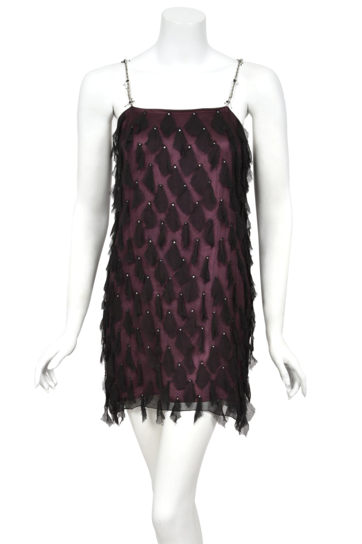 1998 Versace Runway Purple & Black 'Petal' Silk Chiffon Crystal-Straps Mini Dress