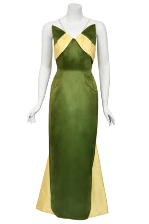 1950's Anne Verdi Green & Yellow Silk Winged-Bust Hourglass Trained Gown