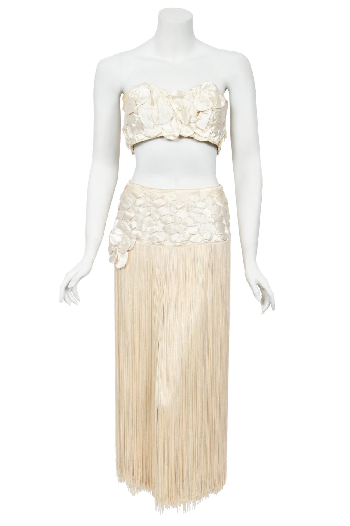 1950&#39;s Ivory Floral Appliqué Silk Bustier Crop Top &amp; Matching Fringe Skirt Set