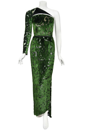 1990 Geoffrey Beene Couture 'Green Leaves' Sheer Devoré Velvet One-Sleeve Hourglass Gown