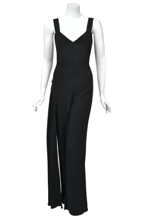 1999 Chanel by Karl Lagerfeld Runway Black Crepe Low-Plunge Draped Sash Jumpsuit