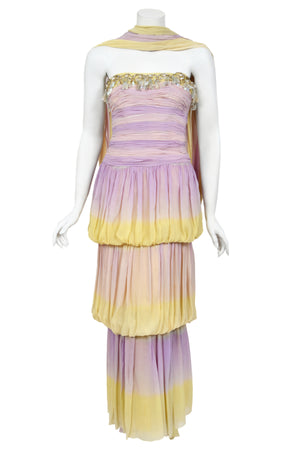 1950 Carven Haute Couture for Cécile Aubry Lilac Yellow Ombré Silk Corset Strapless Hooded Gown