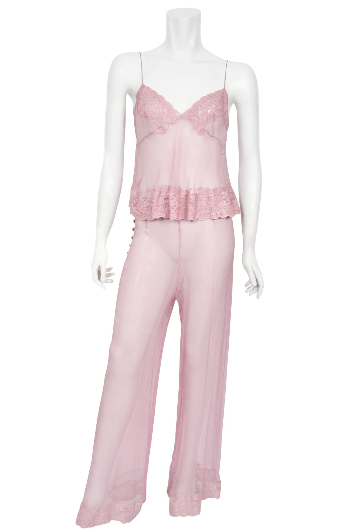 1999 Christian Dior by John Galliano Lilac Sheer Silk &amp; Lace &#39;Lingerie&#39; Camisole Pants Set