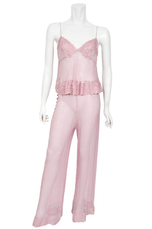 1999 Christian Dior by John Galliano Lilac Sheer Silk & Lace 'Lingerie' Camisole Pants Set