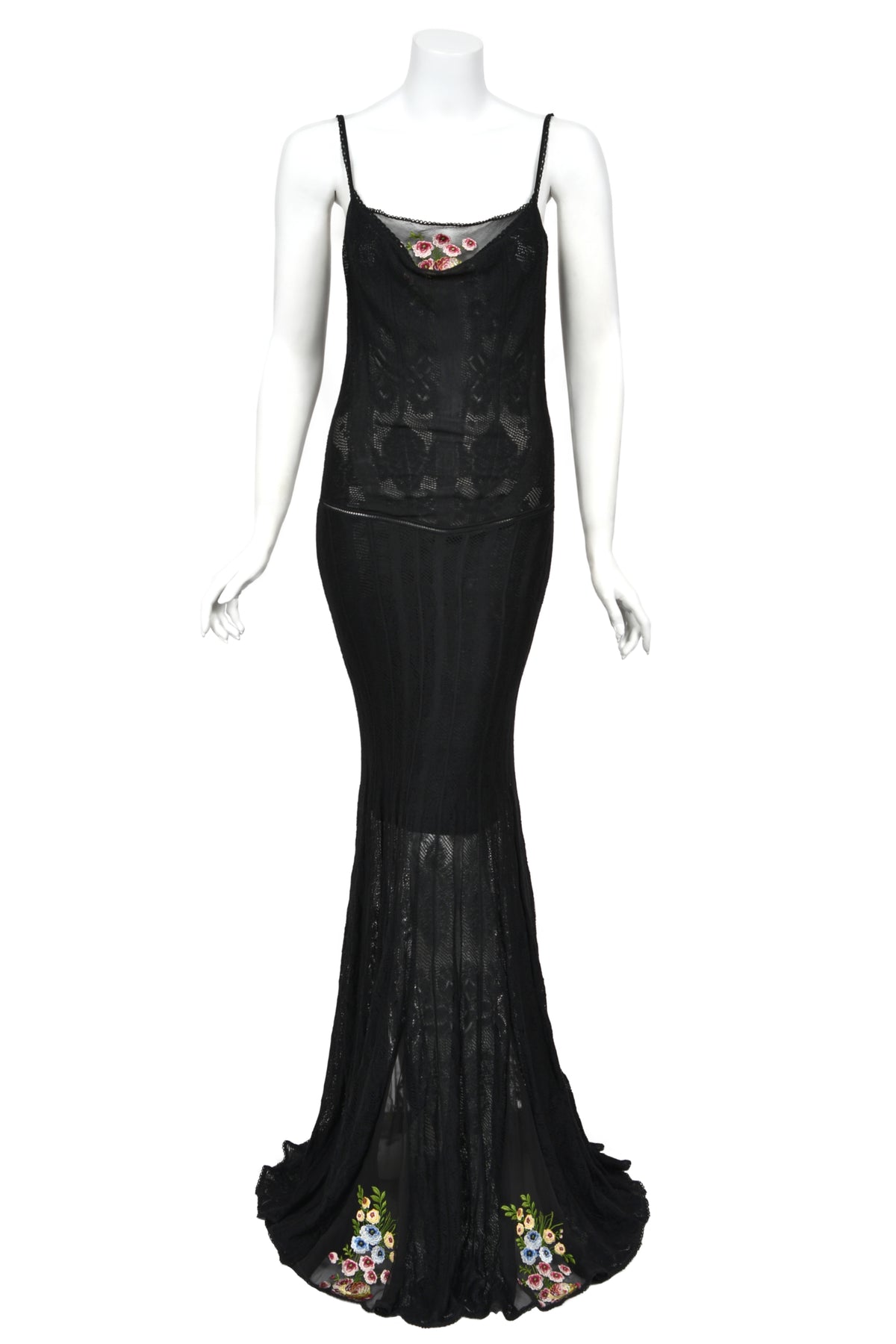 2003 John Galliano Embroidered Floral Sheer Black Pointelle Stretch Knit Bias-Cut Gown