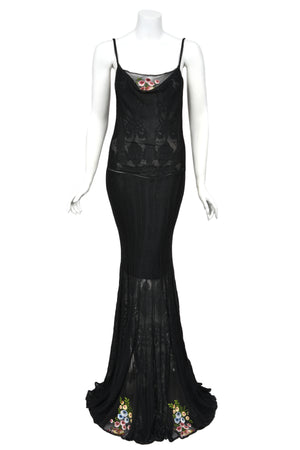 2003 John Galliano Embroidered Floral Sheer Black Pointelle Stretch Knit Bias-Cut Gown