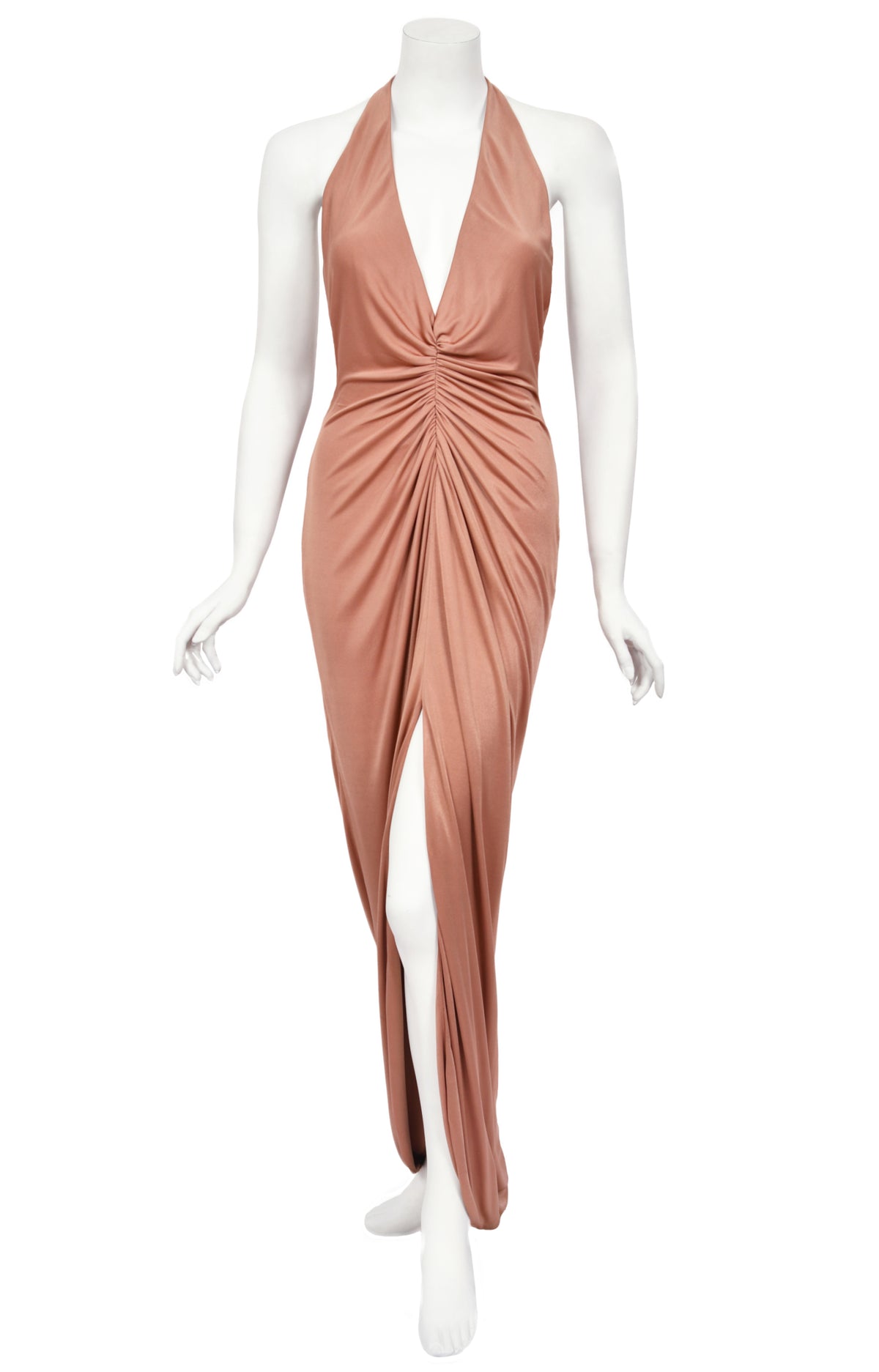2005 Versace Nude Silk-Jersey Low Plunge Halter Backless Gown
