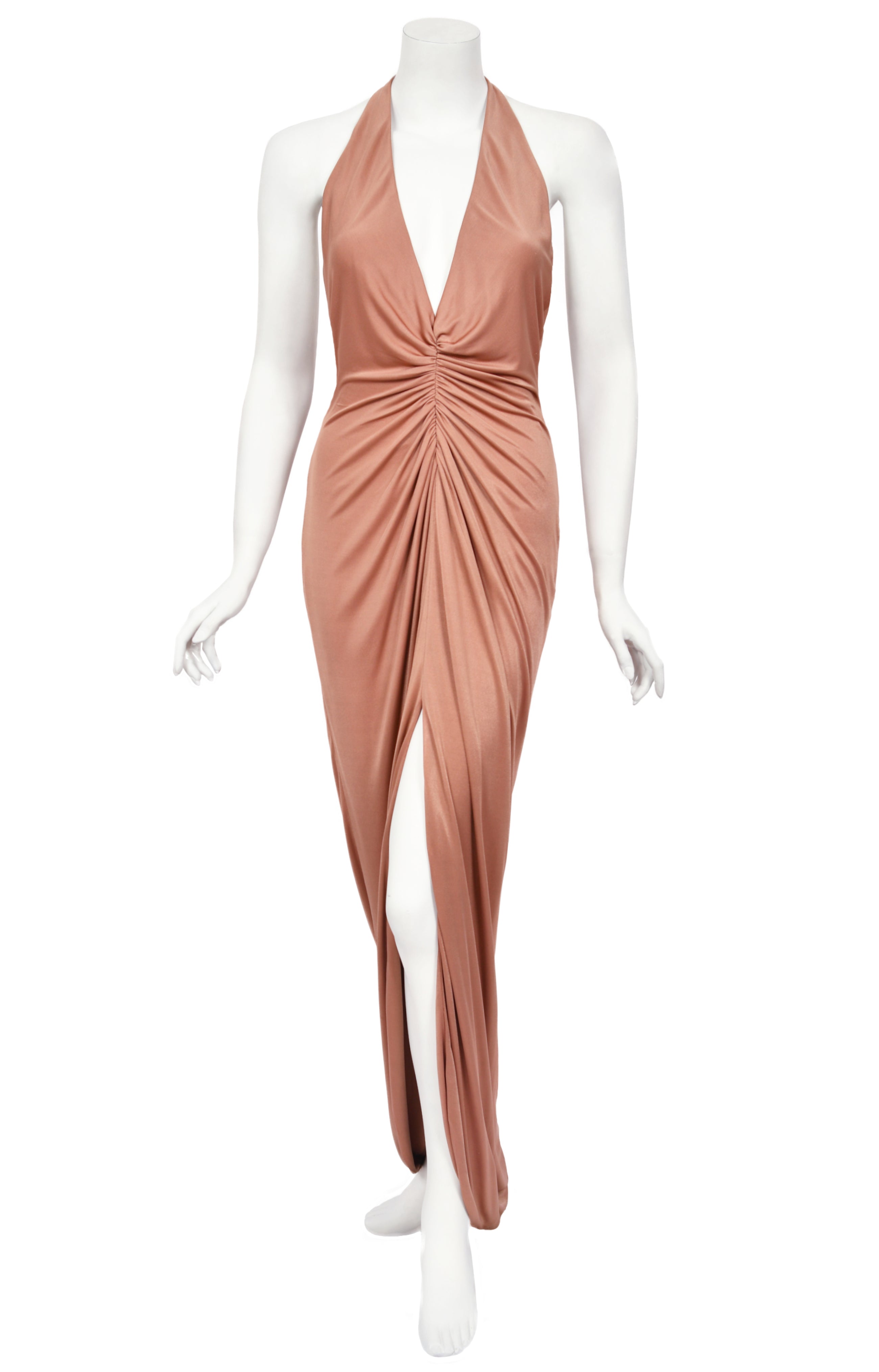 Vintage 2005 Versace Nude Silk-Jersey Low Plunge Halter Backless Gown - Timeless Vixen Vintage 2005 Versace Nude Silk-Jersey Low Plunge Halter Backless Gown - Timeless Vixen
