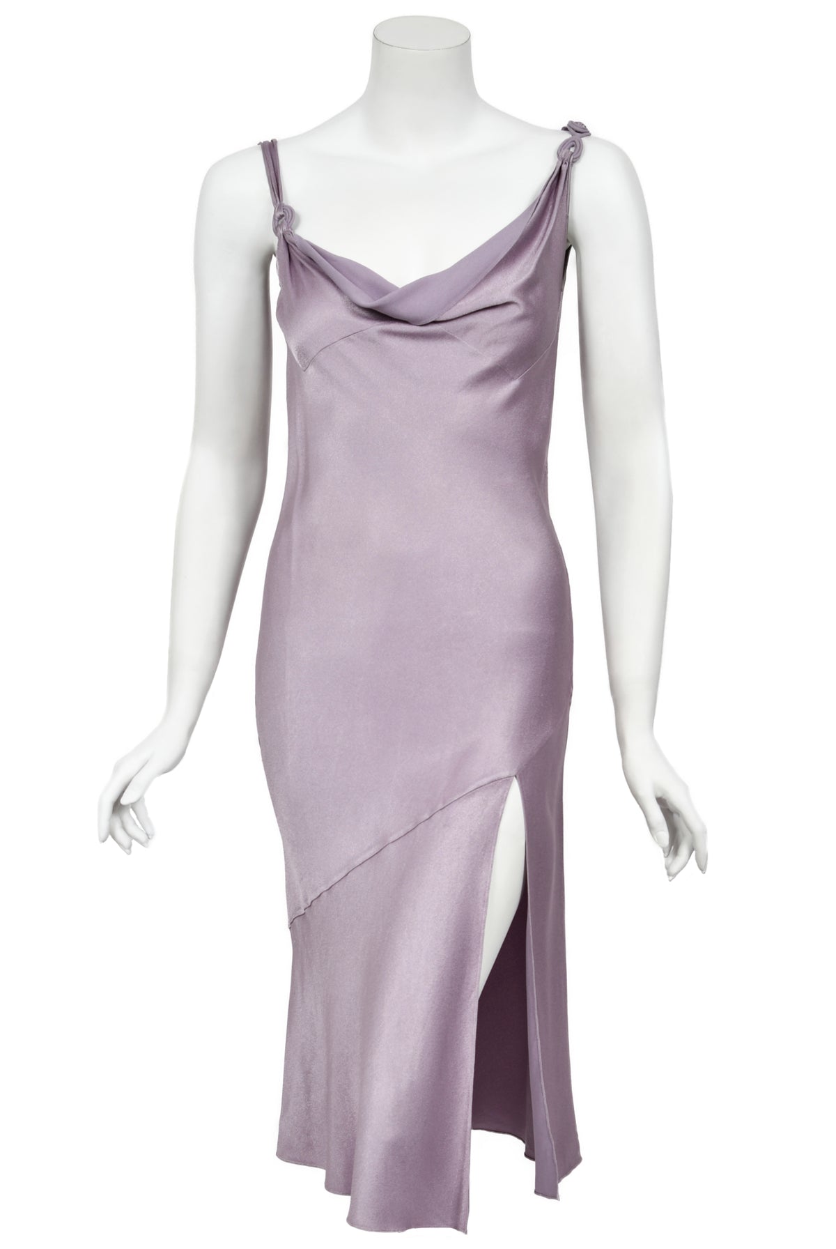 2000 John Galliano Lilac Satin Asymmetric Draped High Slit Bias-Cut Slip Dress