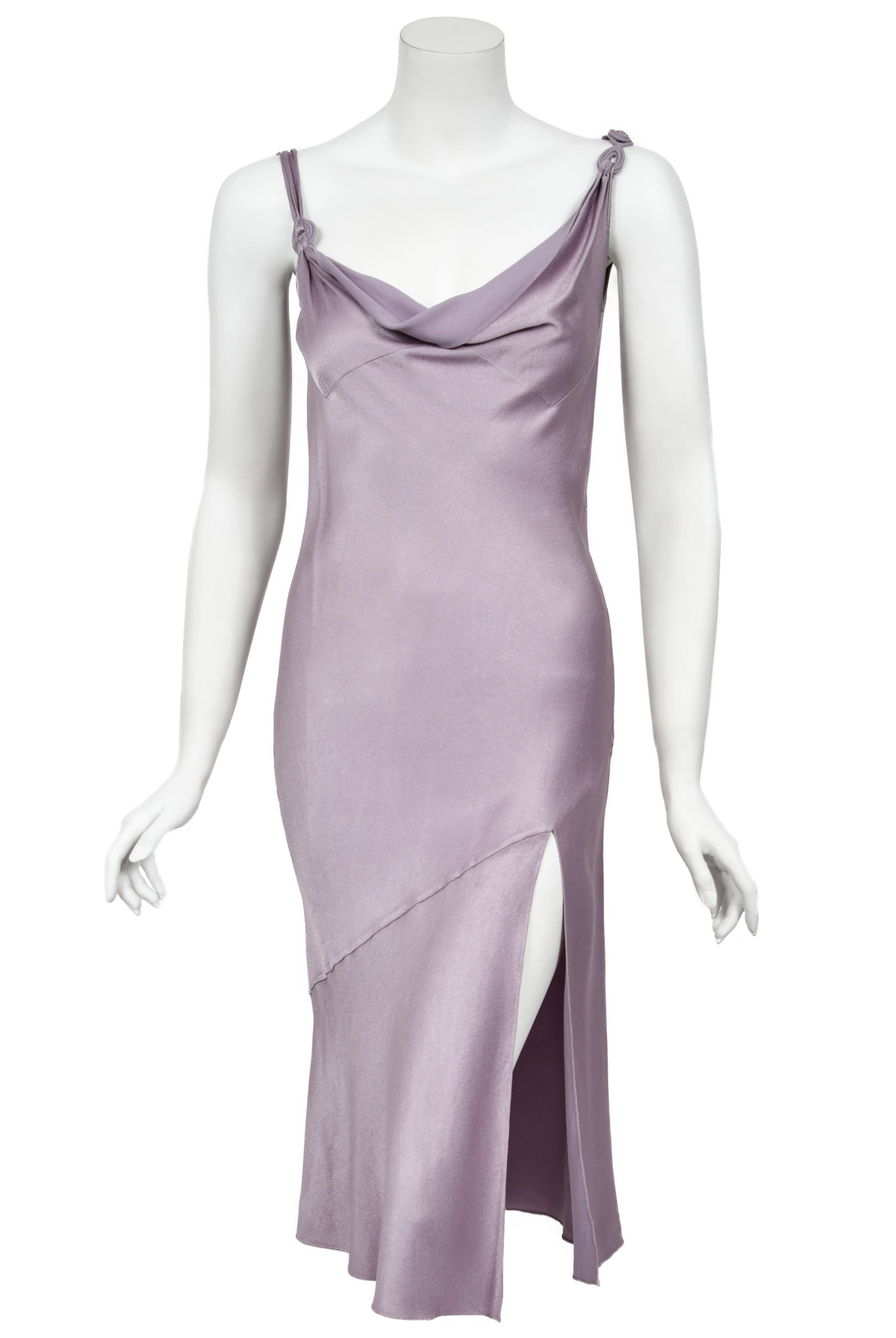2000 John Galliano Lilac Satin Asymmetric Draped High Slit Bias-Cut Sl - Timeless Vixen 2000 John Galliano Lilac Satin Asymmetric Draped High Slit Bias-Cut Sl - Timeless Vixen