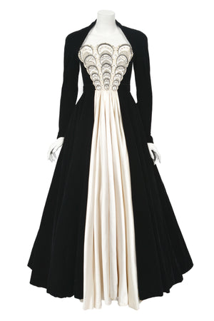 1952 Nina Ricci Haute Couture Documented Ivory Beaded Satin & Black Velvet Gown