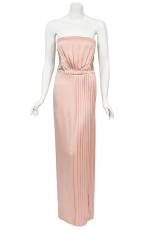 2012 John Galliano Blush Pink Silk Beaded Bustier Strapless Pleated-Side Gown