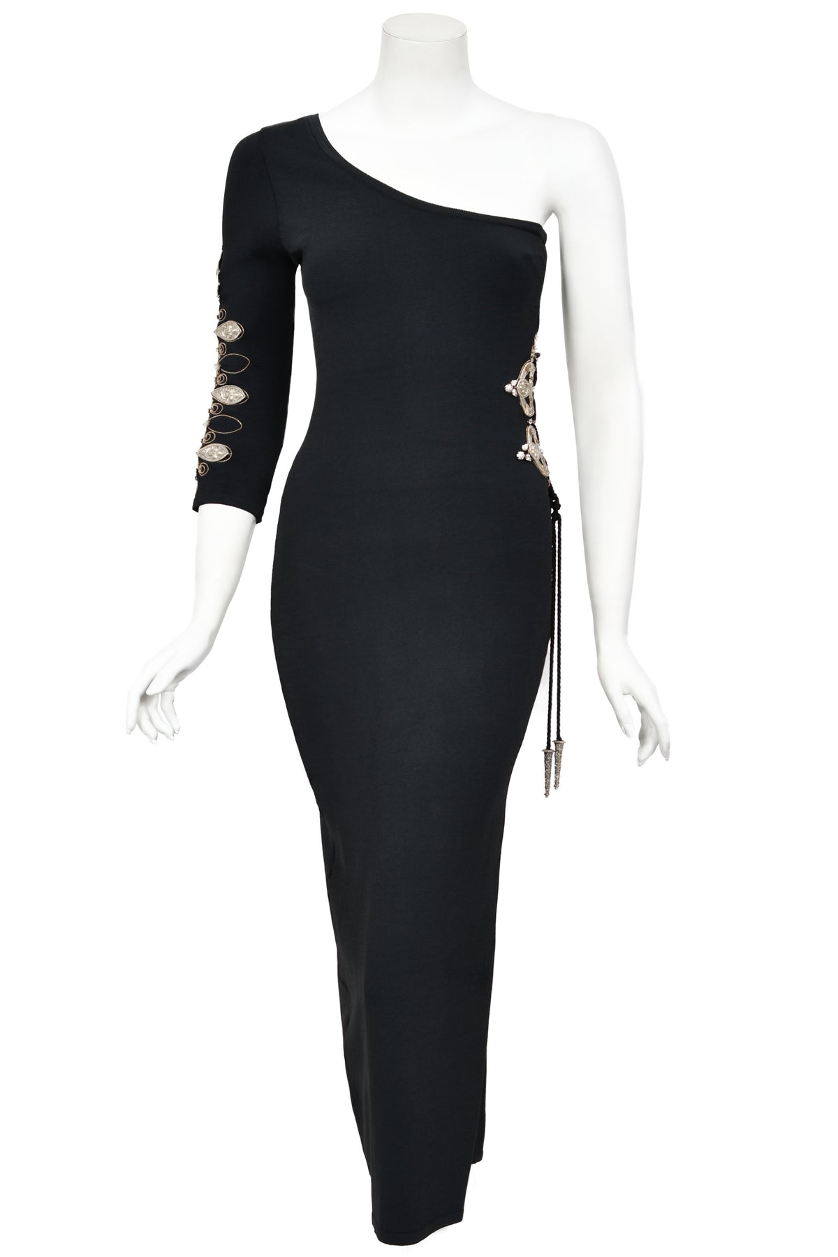 1994 Christian Dior Runway Metallic Embroidered Black Stretch Silk One-Sleeve Hourglass Dress
