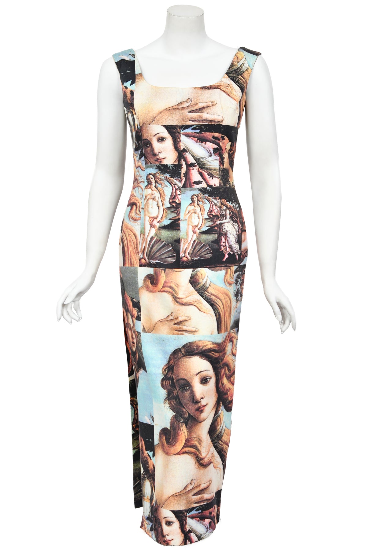 1993 Dolce &amp; Gabbana Iconic Runway &#39;Birth of Venus&#39; Collage Print High-Slit Hourglass Dress