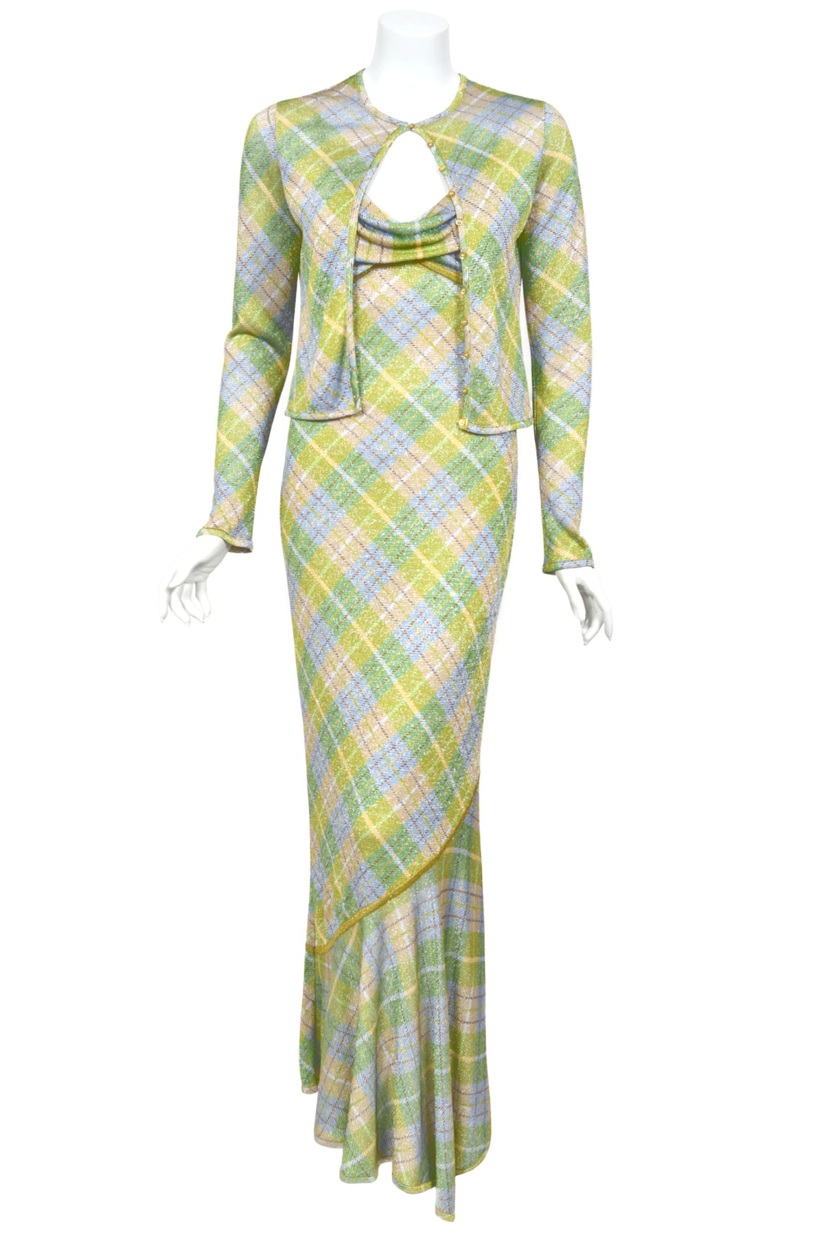2000 John Galliano Metallic Plaid Lurex Knit Bias-Cut Maxi Dress w/ Matching Cardigan