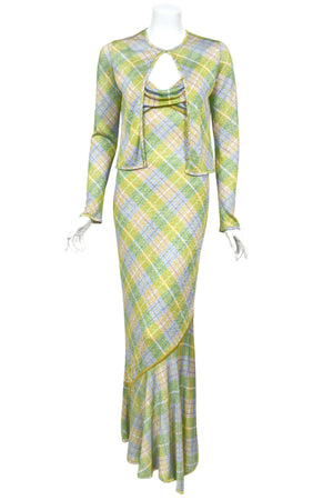 2000 John Galliano Metallic Plaid Lurex Knit Bias-Cut Maxi Dress w/ Matching Cardigan