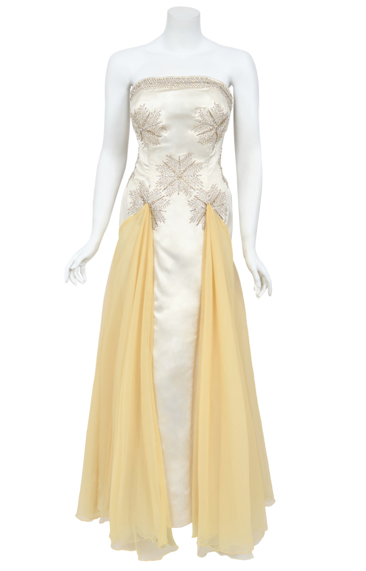 1950&#39;s French Couture Ivory Metallic Embroidered Beaded Silk Skirted Hourglass Gown