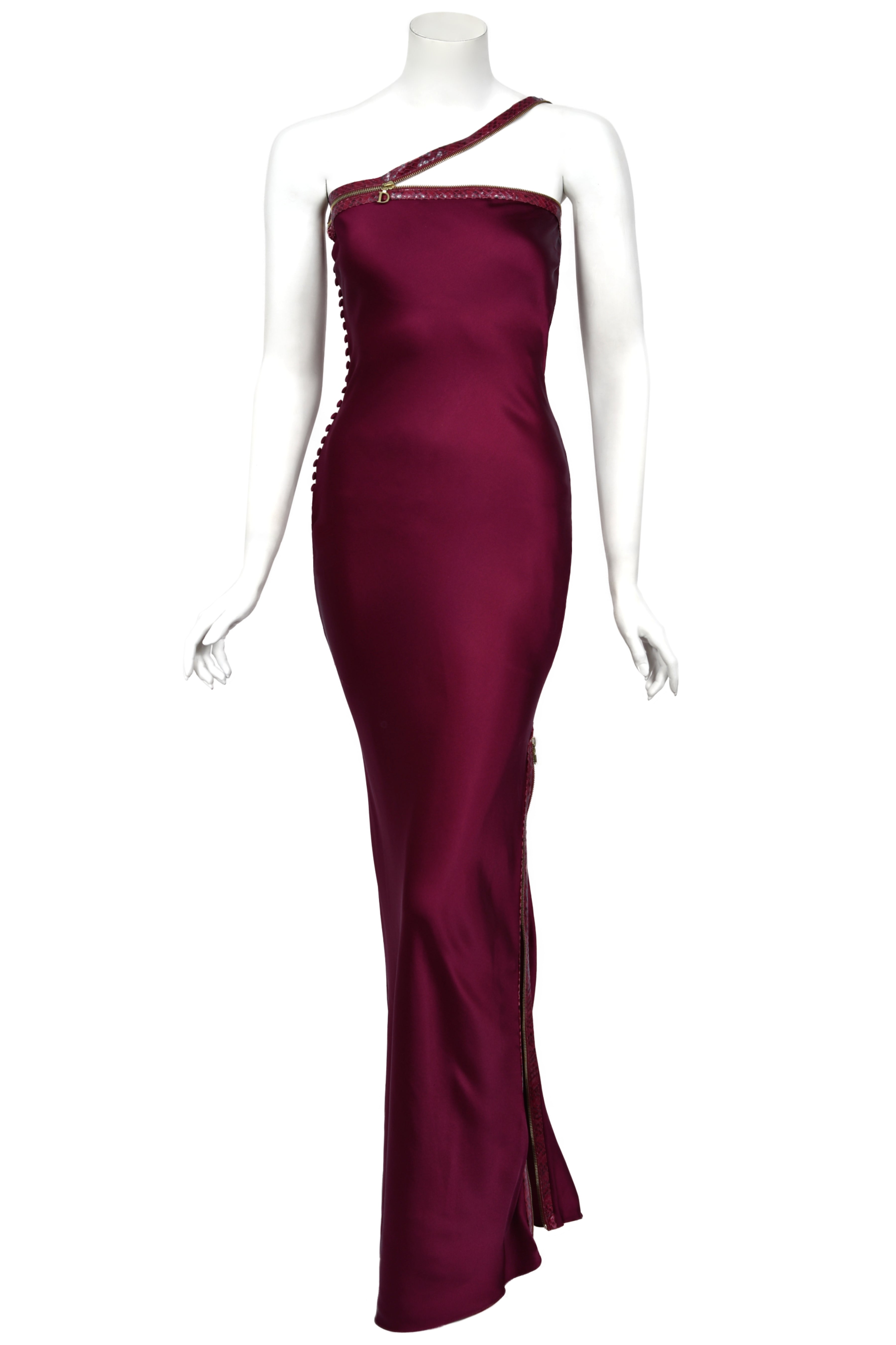 2001 Dior by Galliano Wine-Red Silk Snakeskin Zipper Bias-Cut Gown