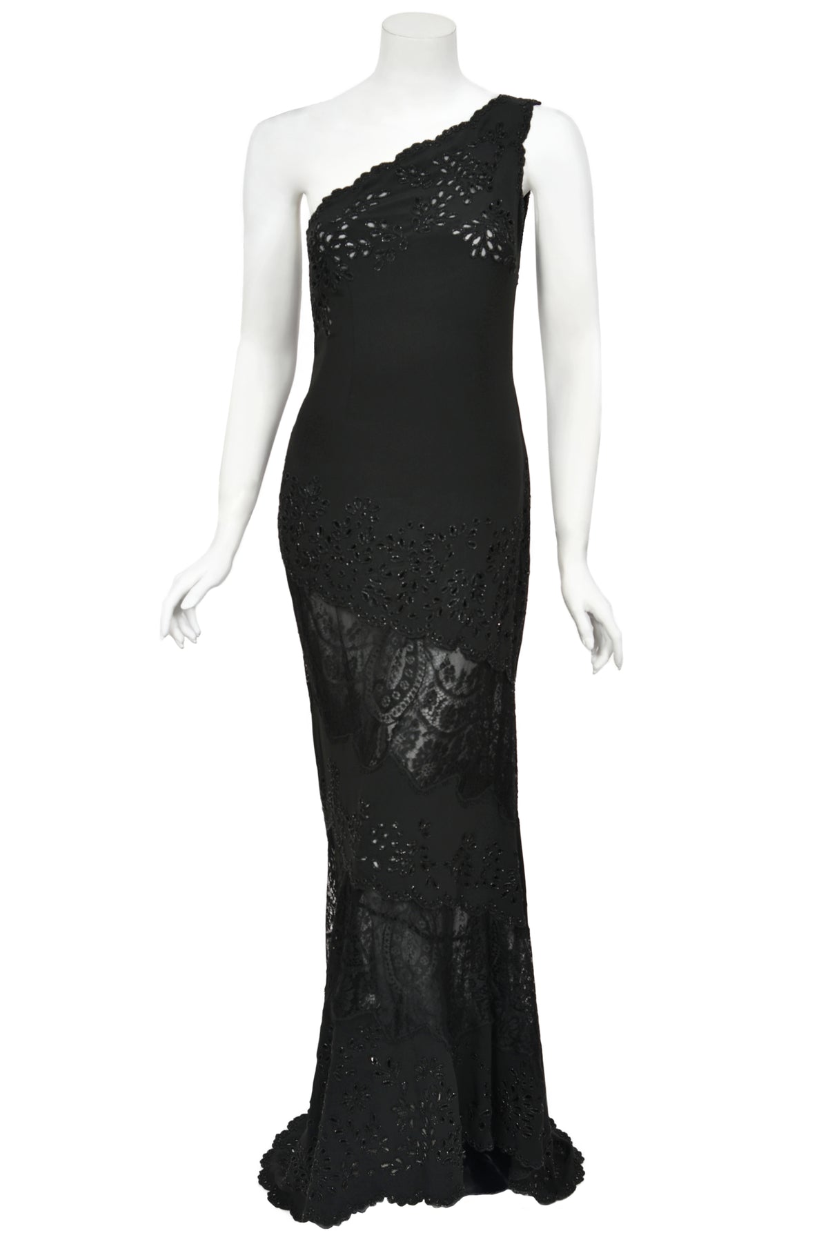 1998 Valentino Runway Black Beaded Cut-Out Silk &amp; Sheer Lace Bias-Cut Gown