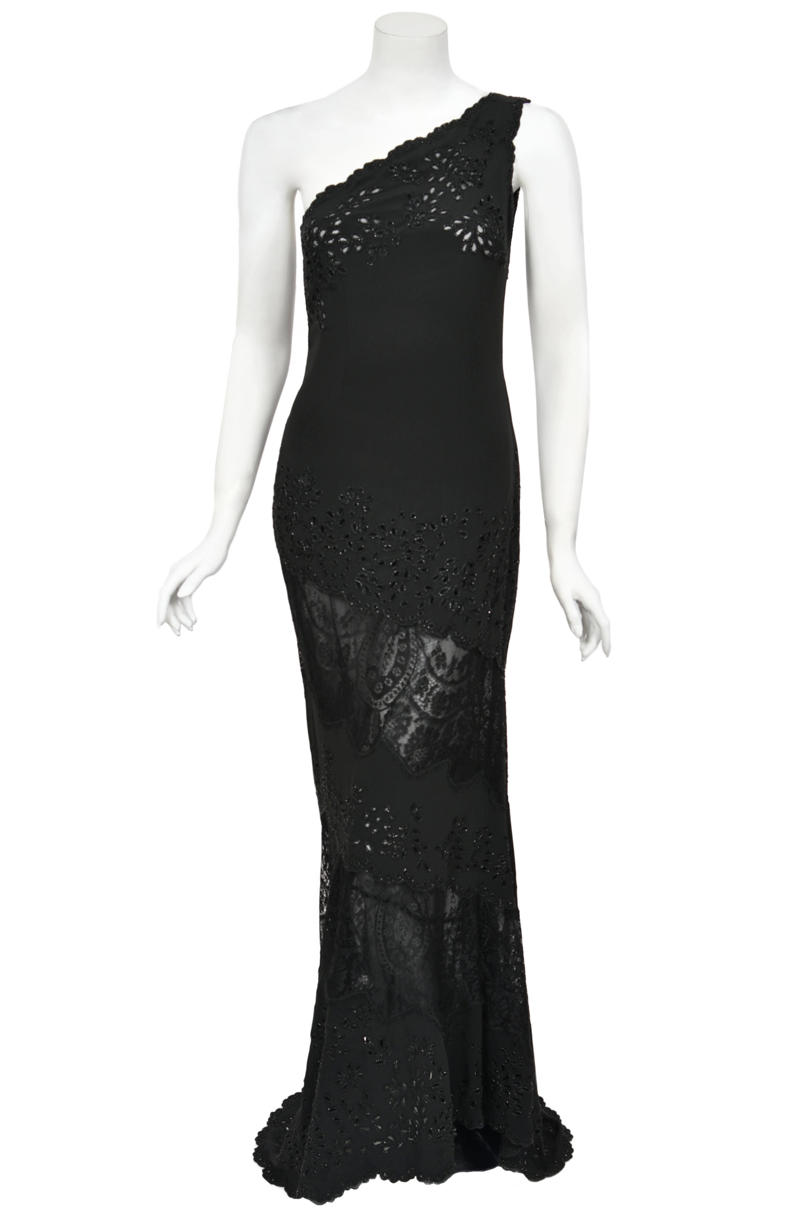 valentino evening dresses 1998 Valentino Black Beaded Cut-Out Silk & Sheer Lace Bias-Cut Gown