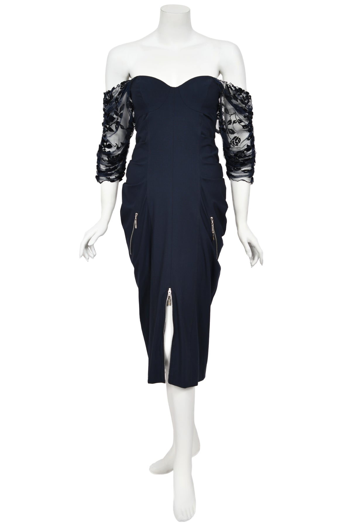 2004 Christian Dior by John Galliano Navy Stretch Silk Sheer-Sleeves Hourglass Dress