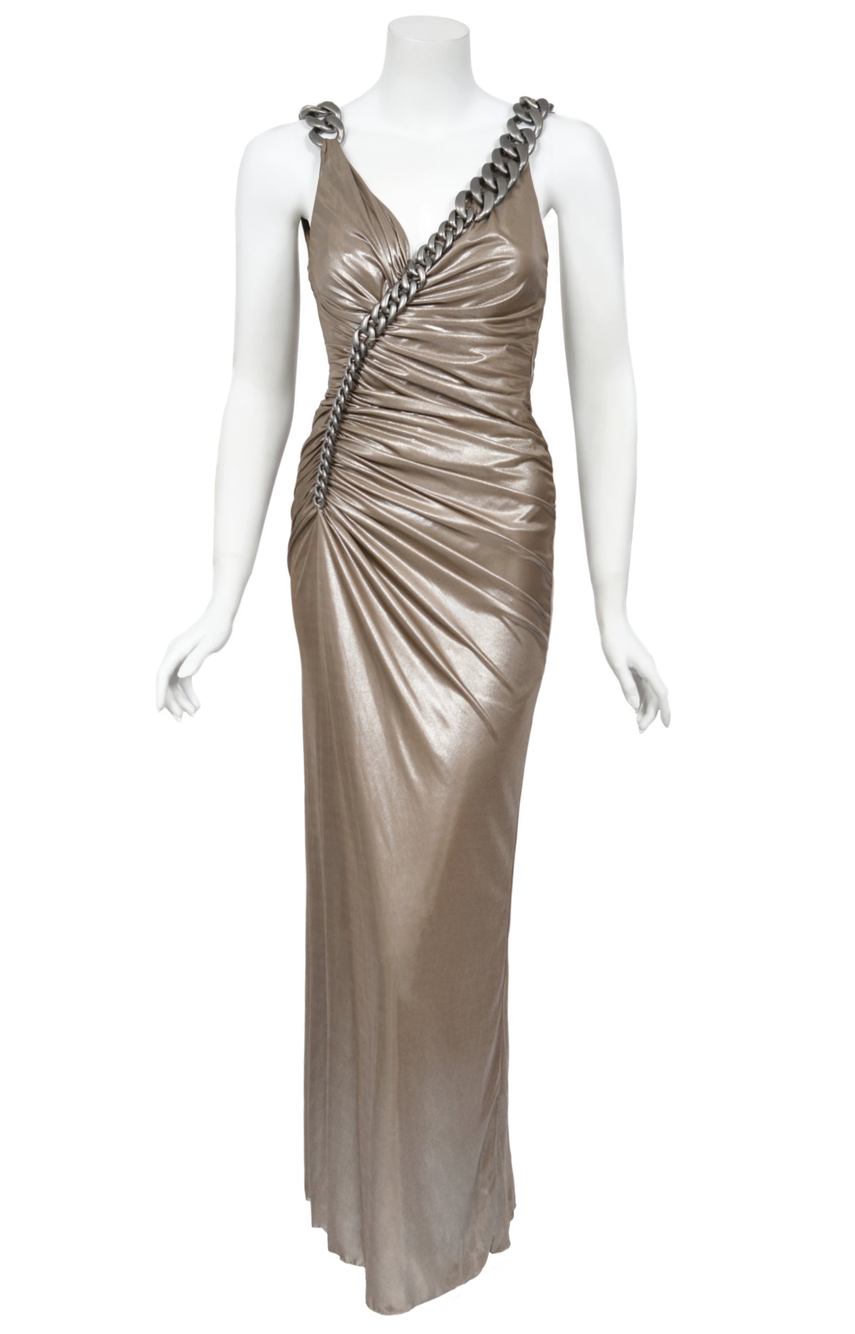 2007 Versace Smokey Metallic Stretch Silk Chain Straps Hourglass Gown