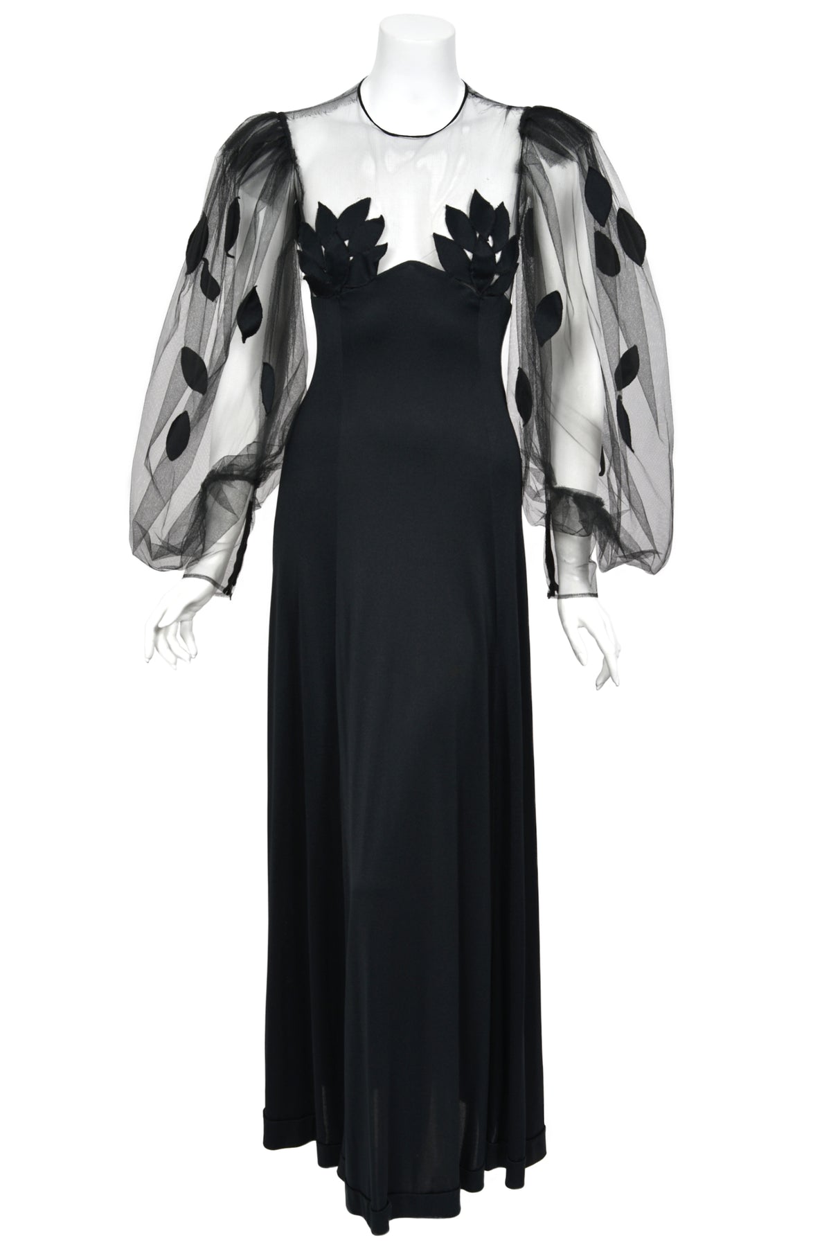 1979 Loris Azzaro Black Silk Jersey Sheer Illusion Petal Motif Billow-Sleeve Gown