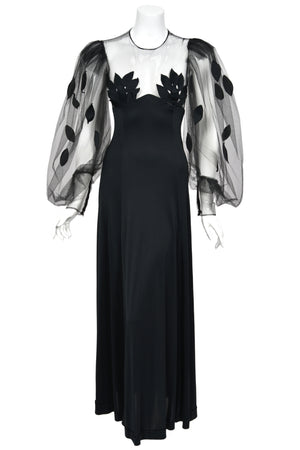 1979 Loris Azzaro Black Silk Jersey Sheer Illusion Petal Motif Billow-Sleeve Gown