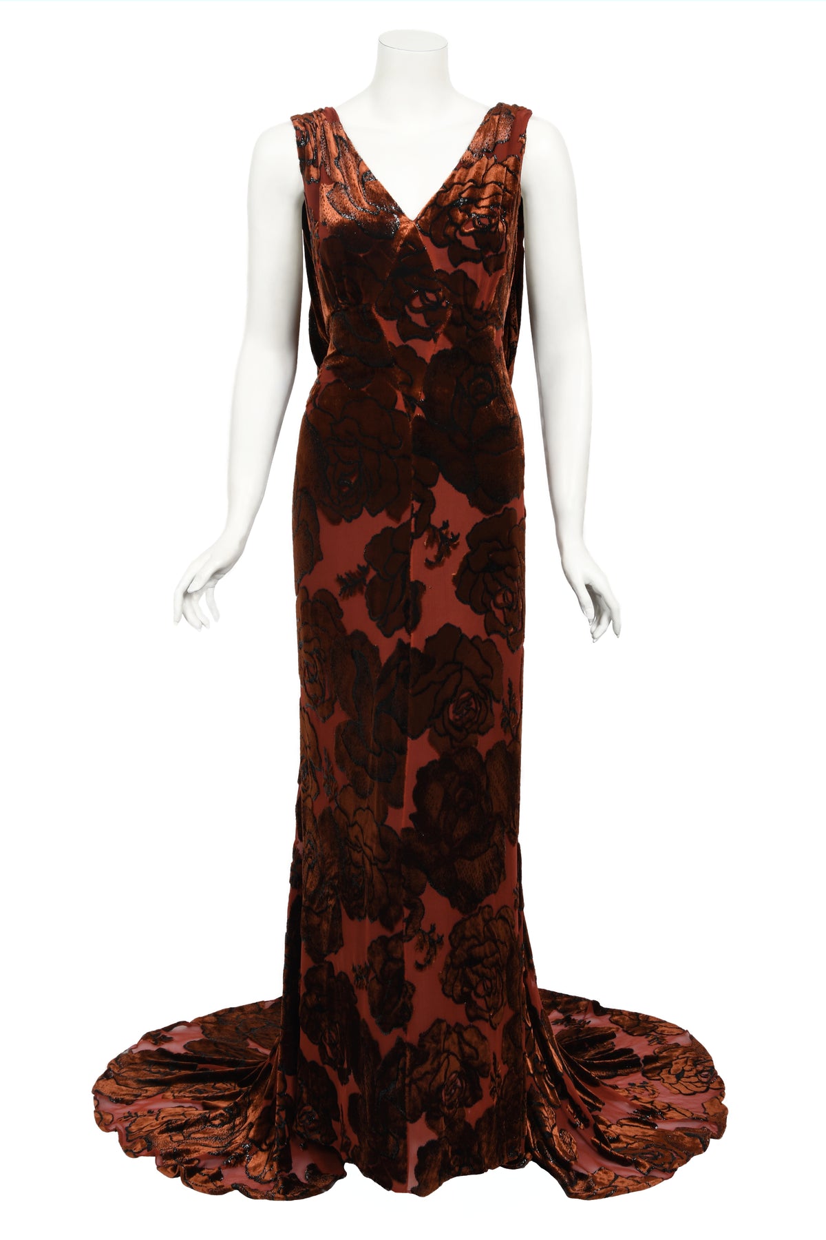 1999 Galindo Couture Metallic Amber Devoré Velvet Bias-Cut Trained Gown