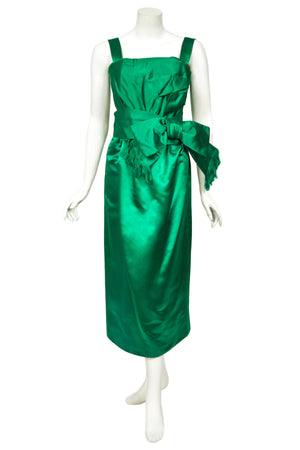1958 Christian Dior by Yves Saint Laurent Emerald Green Satin Sash-Bow Cocktail Dress