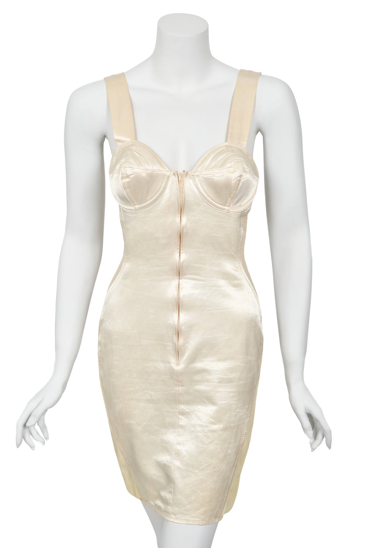 1988 Jean Paul Gaultier Cream Stretch Satin Cone Bra Bustier Corset Mini Dress