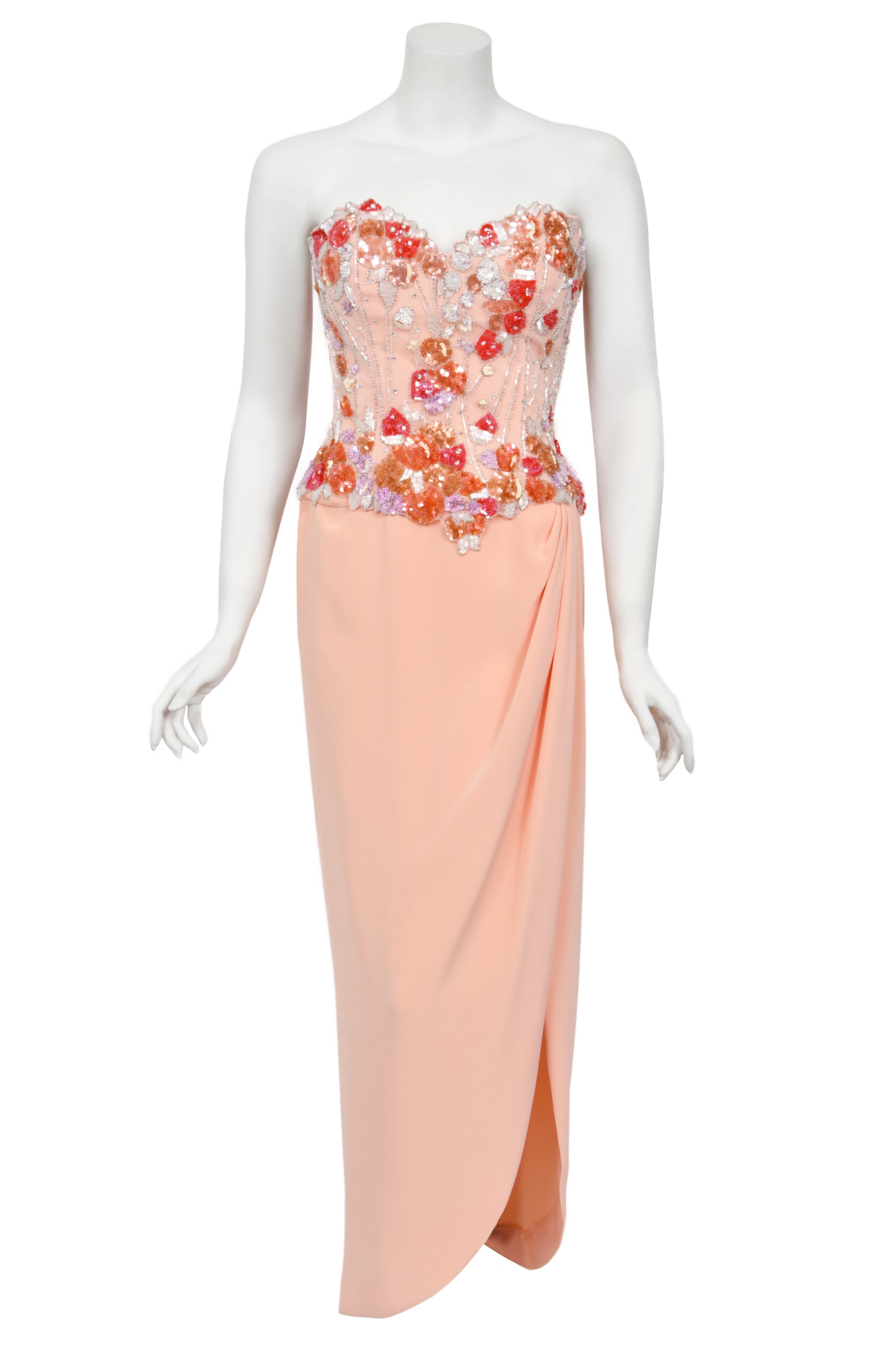1990's Bob Mackie Pink Beaded Silk Strapless Bustier Hourglass Gown 1990's Bob Mackie Pink Beaded Silk Strapless Bustier Hourglass Gown