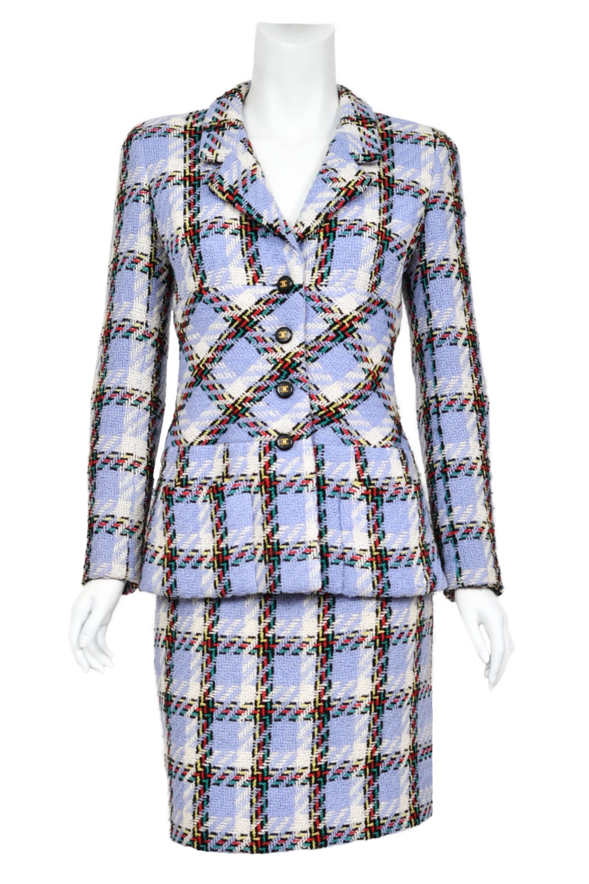 1995 Chanel by Karl Lagerfeld Runway Periwinkle Plaid Wool Barbie Jacket &amp; Skirt