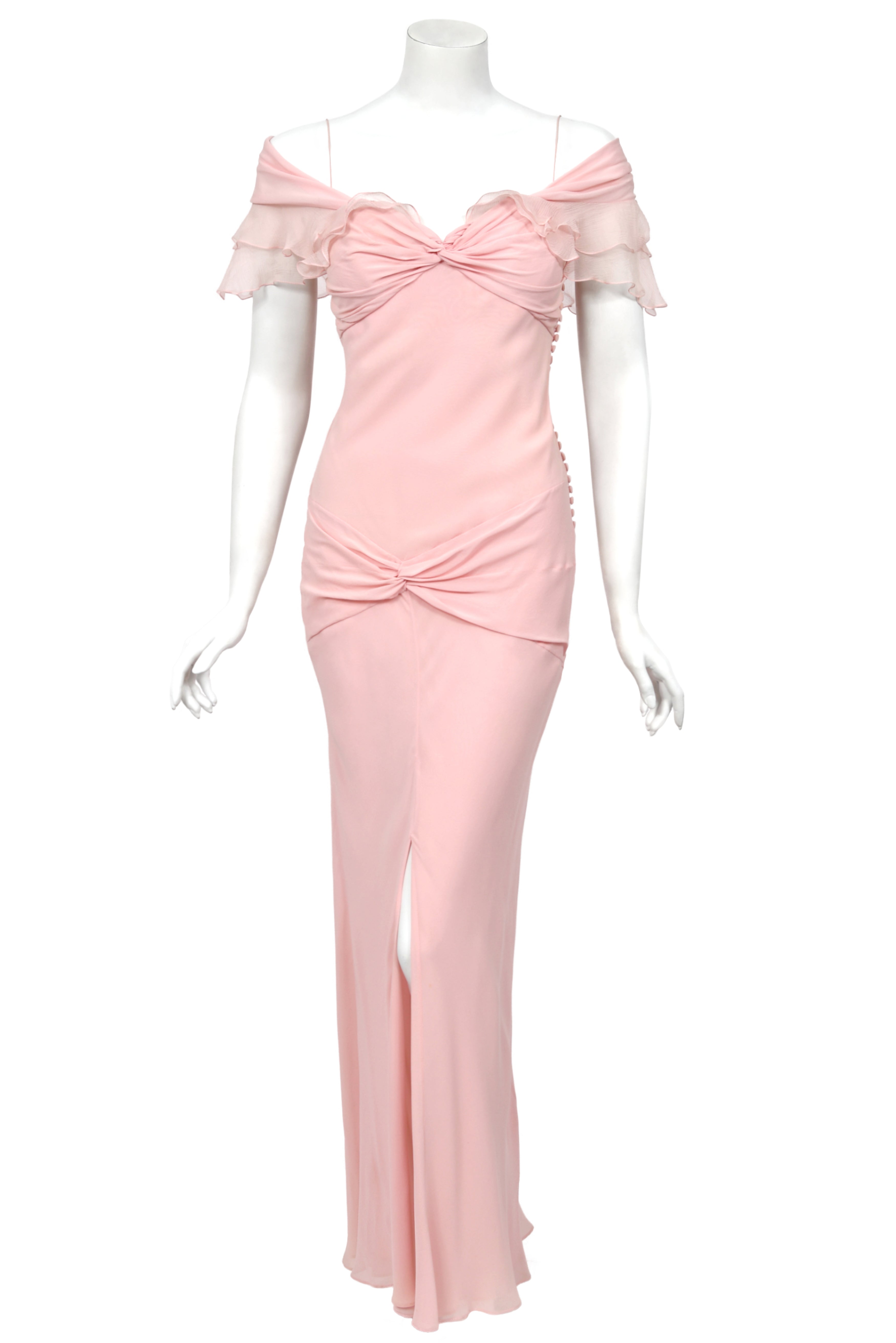 pink bias cut dress 1930's Bias Cut Pink Taffeta Evening Gown / Full Length Dress / Periwinkle / Puffed Sleeves / Size XS Small / Art Deco