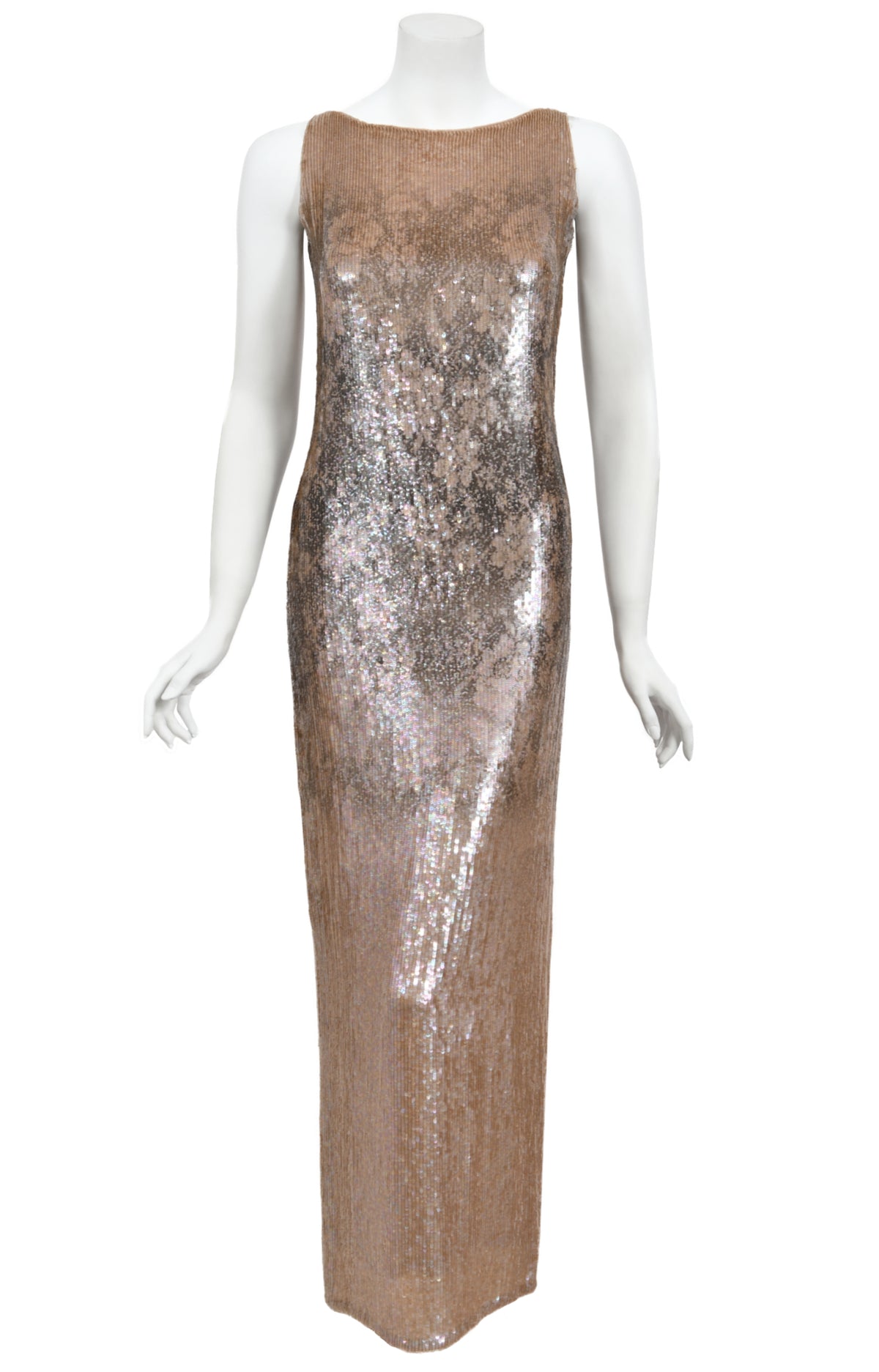 1997 Oscar de la Renta Runway Fully Sequin Floral Motif High-Slit Gown