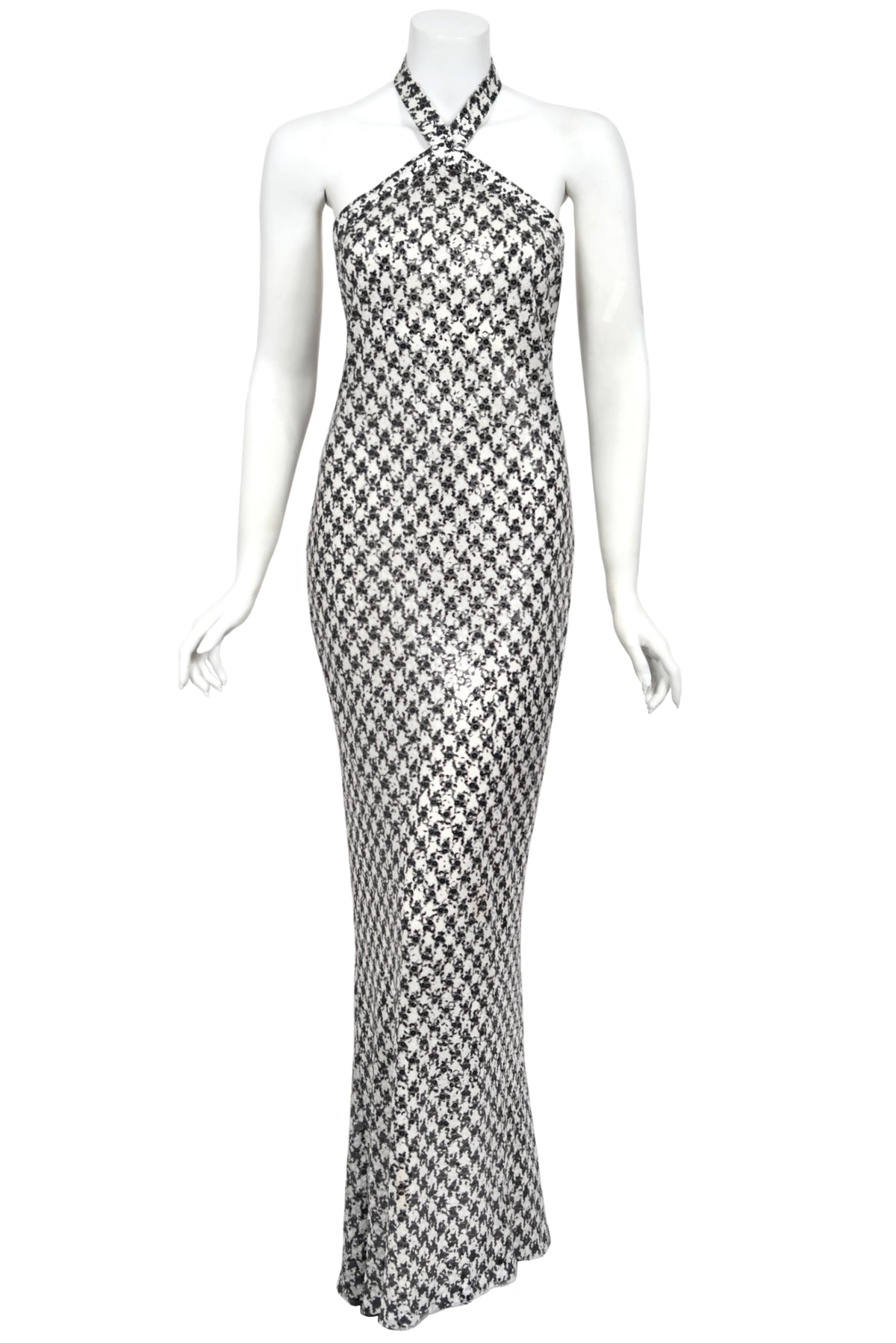 1984 Chanel by Karl Lagerfeld Black & White Sequin Houndstooth Silk Bias-Cut Halter Gown