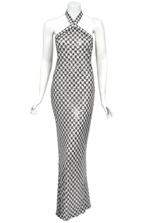 1984 Chanel by Karl Lagerfeld Black & White Sequin Houndstooth Silk Bias-Cut Halter Gown