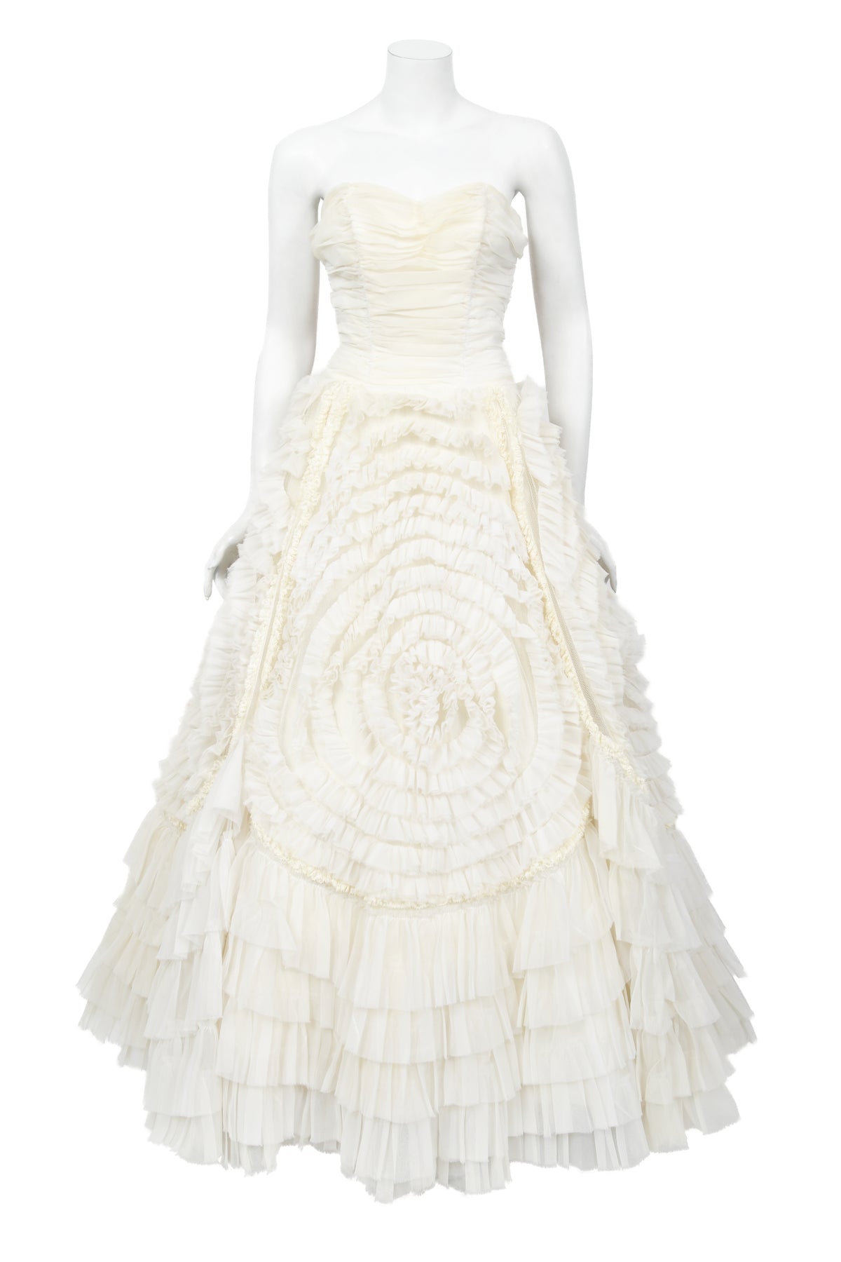 1950's Ivory Chiffon Strapless Tiered Ruffle Full-Length 'New Look' Bridal Gown