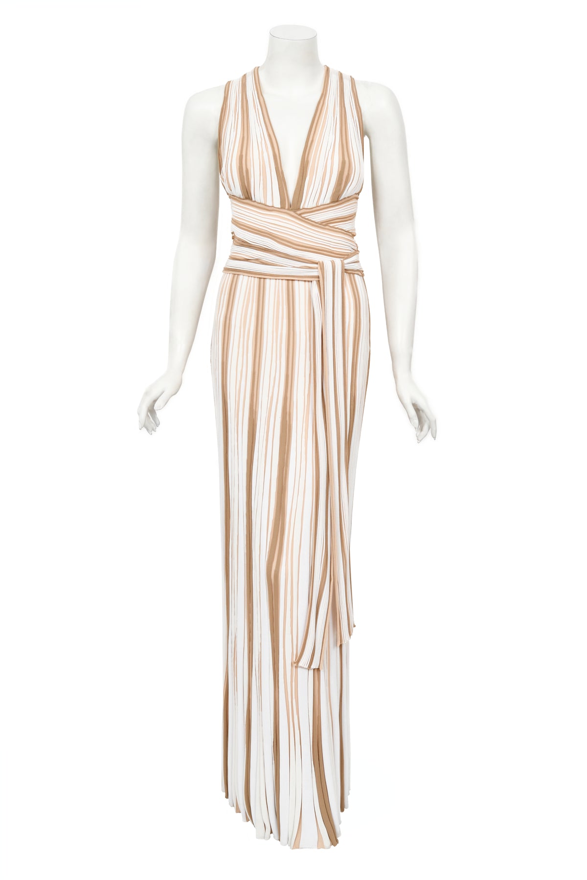 2002 Christian Dior by John Galliano Striped Stretch Knit Low-Plunge Gown