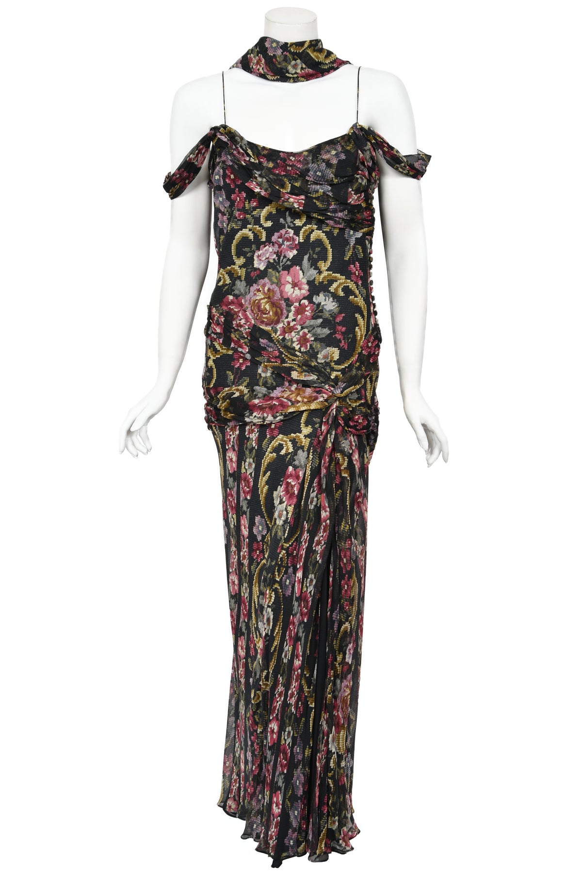 2004 John Galliano Needlepoint Floral Print Silk Bias-Cut Gown w/ Matching Scarf