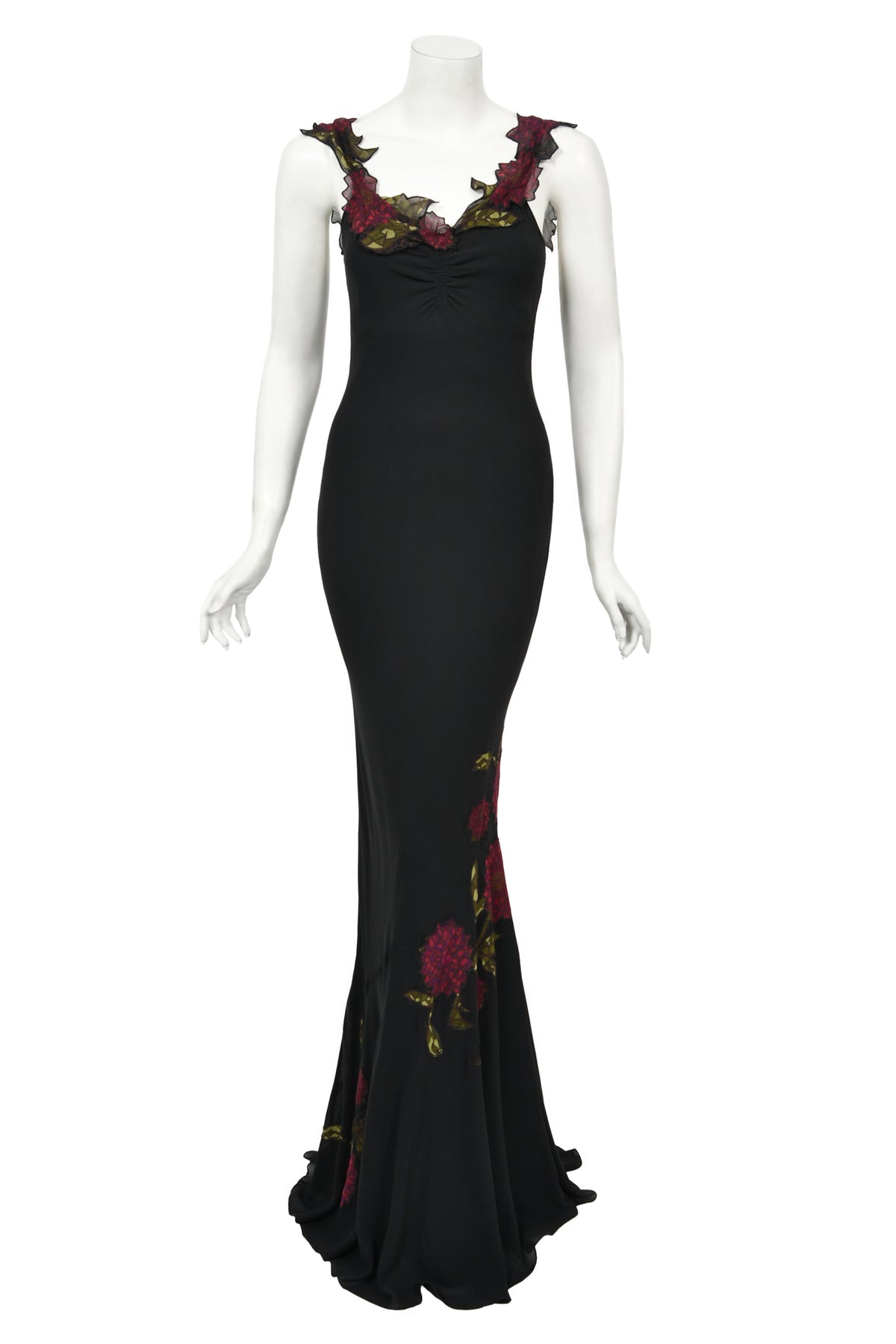 2001 John Galliano Red Chrysanthemum Floral Appliqué Black Silk Chiffon Bias-Cut Gown