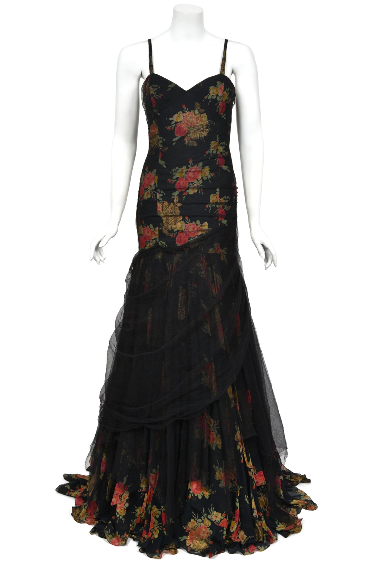 2010 Ralph Lauren Runway Metallic Floral Silk & Black Sheer Tulle Hourglass Mermaid Gown