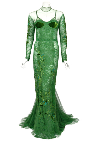 2011 Tom Ford Emerald Green Embroidered Sheer Tulle Lace Velvet-Bra Trained Editorial Gown