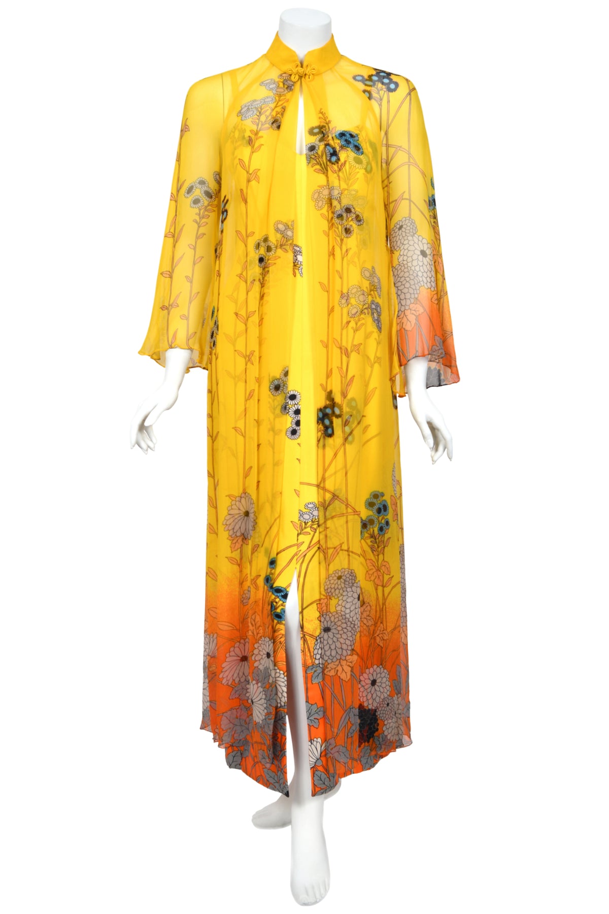 1972 Hanae Mori Couture Vogue Editorial Sunset Ombrè Floral Silk Gown & Matching Sheer Jacket