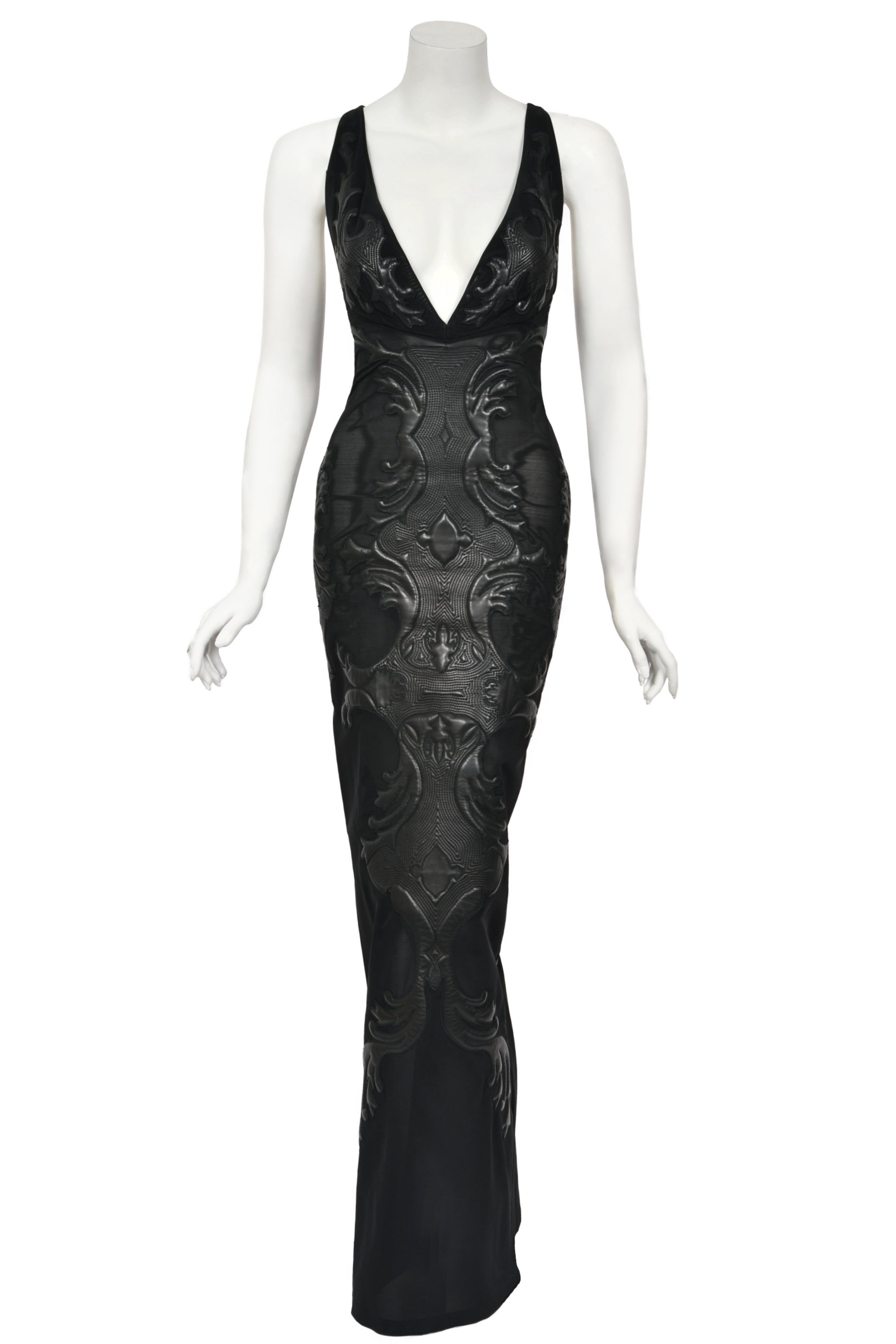 2002 Roberto Cavalli Black Leather Appliqu Sheer Mesh Low-Cut Gown - Timeless Vixen 2002 Roberto Cavalli Black Leather Appliqu Sheer Mesh Low-Cut Gown - Timeless Vixen
