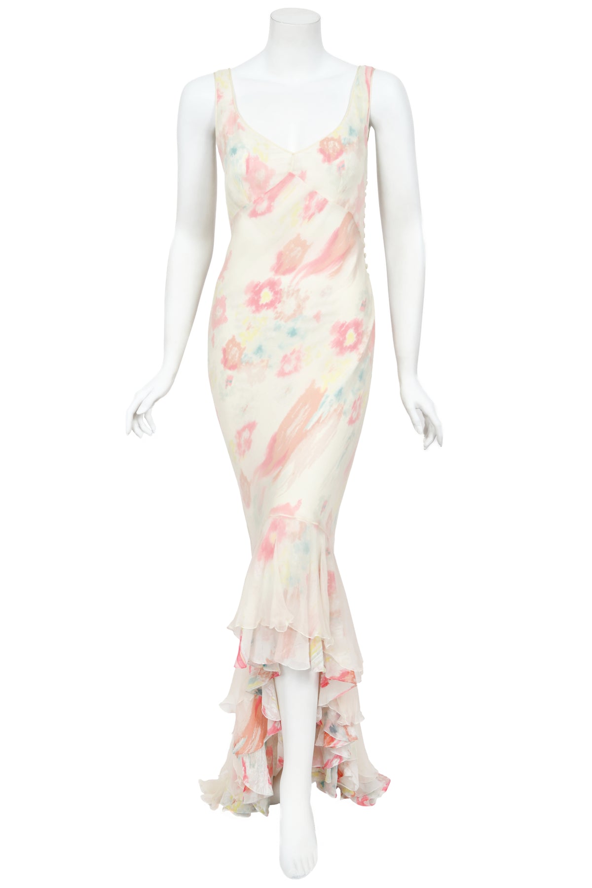 2008 John Galliano &#39;Grey Gardens&#39; Collection Floral Silk High Low Bias-Cut Gown