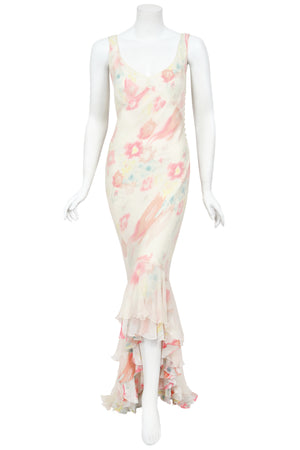2008 John Galliano 'Grey Gardens' Collection Floral Silk High Low Bias-Cut Gown
