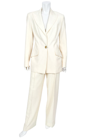 1999 Christian Dior by John Galliano Ivory Logo-Print Silk Enamel Buttons Pantsuit